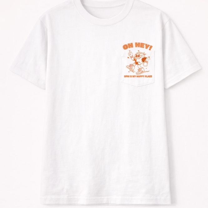 The front of the white Oh Hey T-shirt: an orange cartoon dancer on the pocket and the words BPM is my happy place