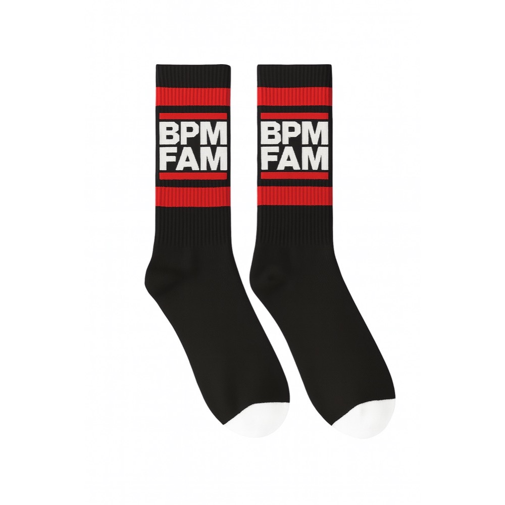 A pair of black BPM socks with red stripes and BPM FAM in white